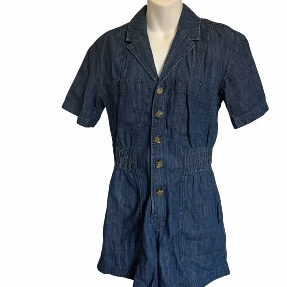 Dark Blue Denim Short-Sleeve Jumpsuit - Picture 1 of 7